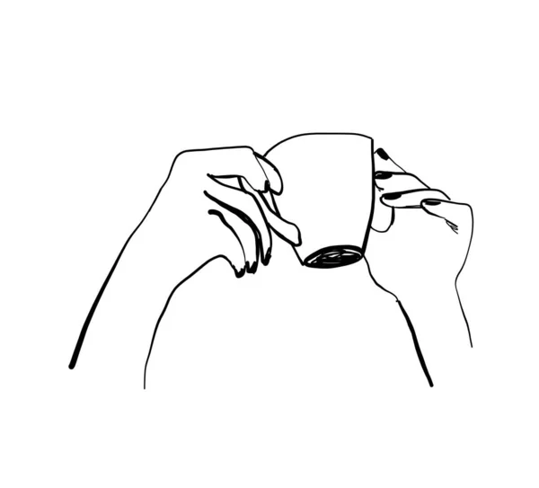 Ručně kreslený náčrt rukou držících šálek kávy, čaje atd. Vektorové ilustrace izolované na bílém pozadí. — Stockový vektor