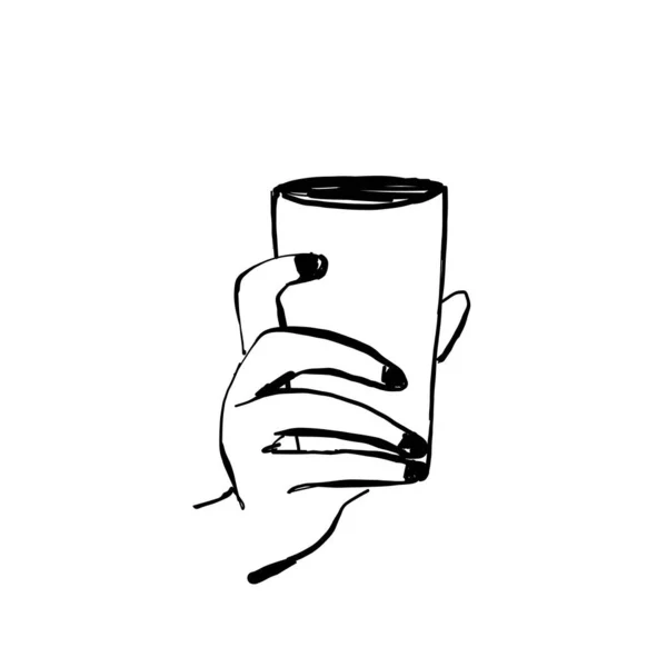 Dibujo dibujado a mano de manos sosteniendo una taza de café, té, etc. Ilustración vectorial aislada sobre fondo blanco. — Vector de stock