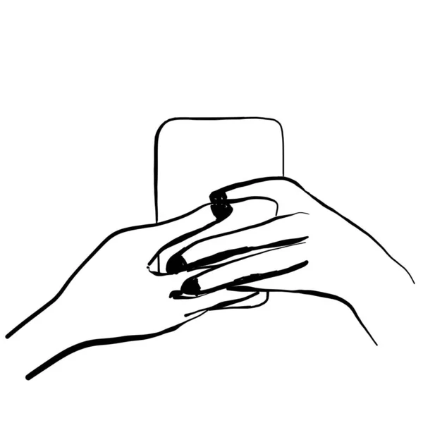 Handritad skiss av kvinnliga händer på en vit bakgrund hålla en smartphone och ta en selfie eller helt enkelt göra en bild. — Stock vektor