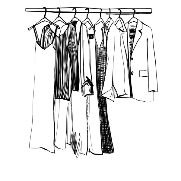 Handritad garderob skiss. Kläder på hängarna. Mode — Stock vektor