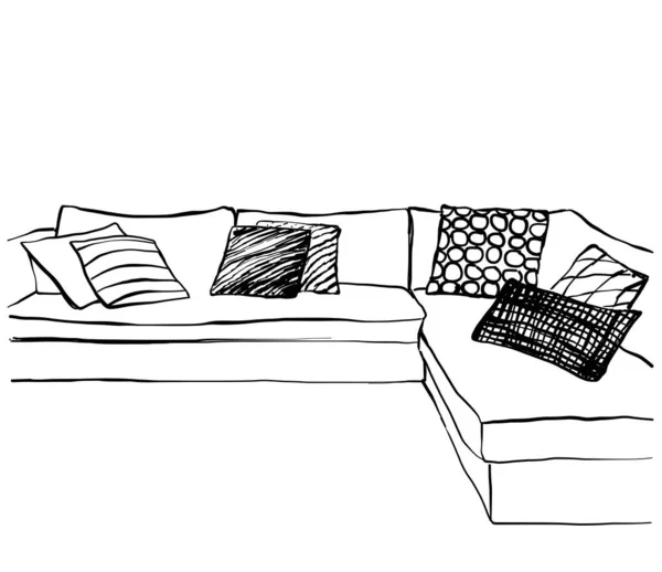 リビング ルーム インテリア、ソファ、枕、nightstands の手描きのスケッチ. — ストックベクタ