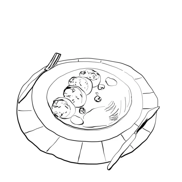 Dishes Set. Plate, fork and knife sketch — Stock vektor