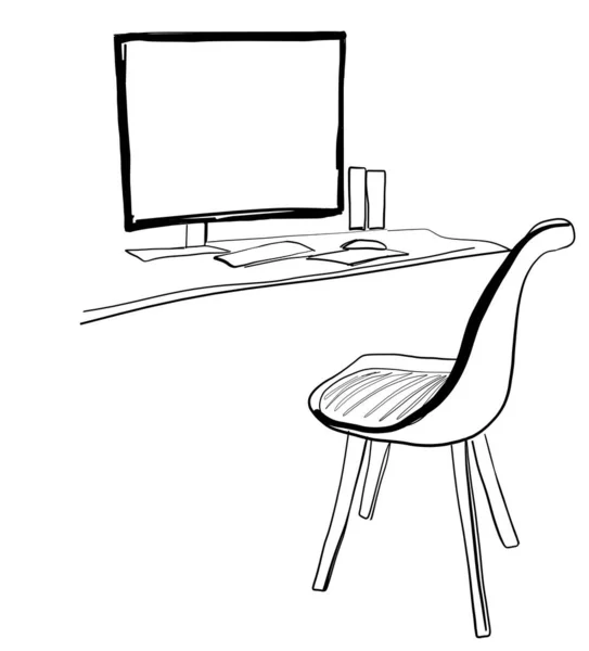 Lugar de trabajo con ordenador portátil, portátil, teléfono inteligente, tableta y taza de café vector ilustración dibujada — Archivo Imágenes Vectoriales