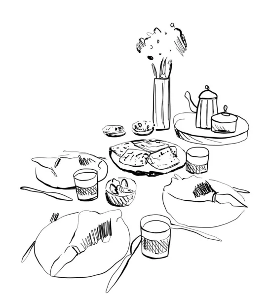 Ručně kreslené zboží. Prázdninová večeře. Nápoj a nádobí — Stockový vektor