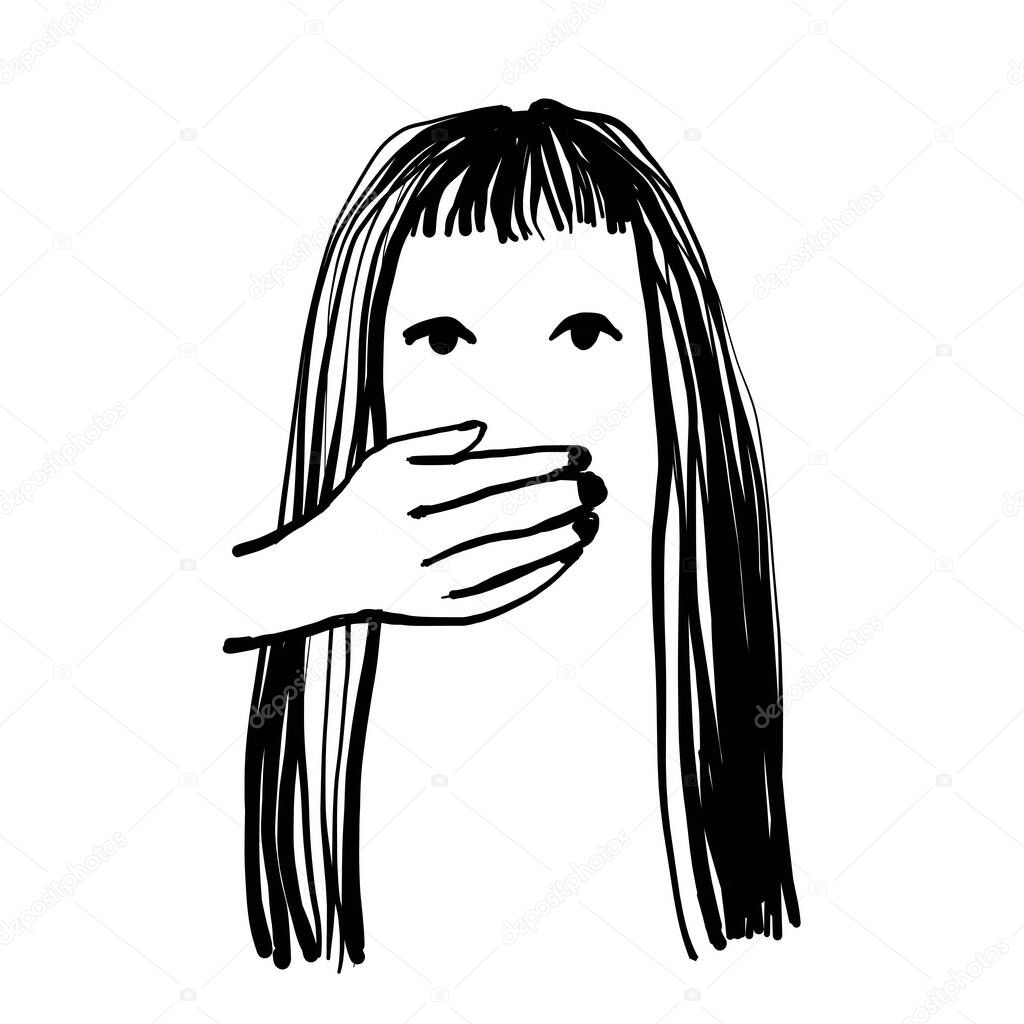 Woman with a closed mouth on a white background.Concept of domestic violence, sexual abuse in the family, bullying, silence and fear .Vector cartoon illustration