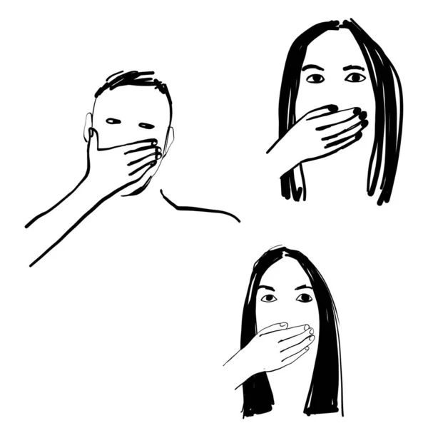 Pessoa com a boca fechada em um fundo branco.Conceito de violência doméstica, abuso sexual na família, bullying, silêncio e medo.Vetor desenho animado ilustração — Vetor de Stock