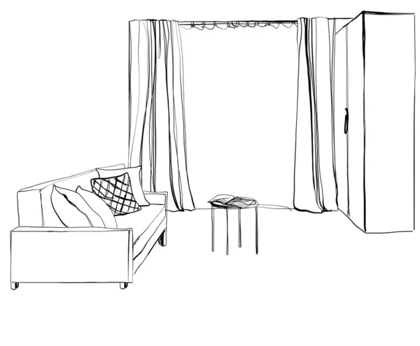Рисунок интерьера гостиной. Диван, окно, мебель — стоковый вектор
