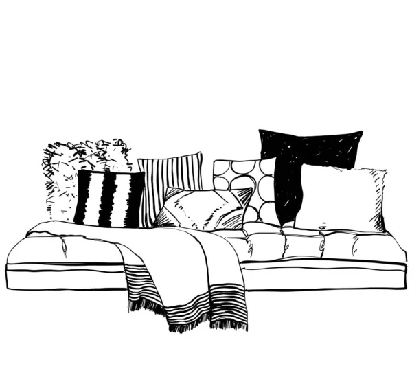 Sofá y almohadas. Ilustración vectorial dibujada a mano. Bosquejo interior. — Vector de stock