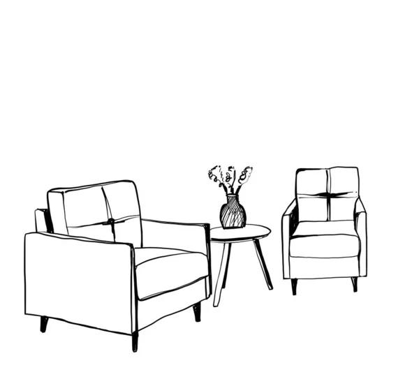 Hedendaagse moderne interieur hand tekening vector illustratie. Stoel en tafel schets — Stockvector