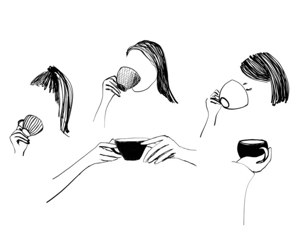 Ilustrações de tempo de café conjunto com as mãos humanas segurando xícara de café e pessoas de escritório sentado xícara de café isolado no fundo branco. pausa para o café, para ir conceito. Desenho vetorial estilo doodle. —  Vetores de Stock