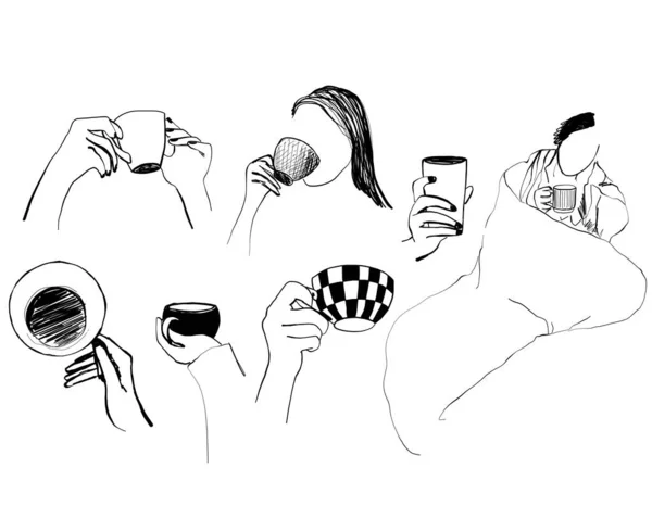 Illustrationen zur Kaffeezeit mit menschlichen Händen, die Kaffeebecher halten, und Büromenschen, die Kaffeetasse isoliert auf weißem Hintergrund sitzen. Kaffeepause, to go Konzept. Vektor-Skizze Doodle-Stil. — Stockvektor