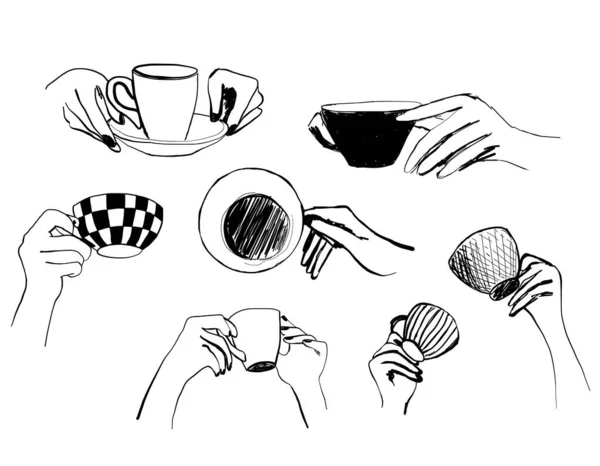 Ilustraciones a la hora del café con manos humanas sosteniendo taza de café y gente de oficina sentada taza de café aislada sobre fondo blanco. Pausa para el café, para ir concepto. Boceto vectorial estilo garabato. — Archivo Imágenes Vectoriales