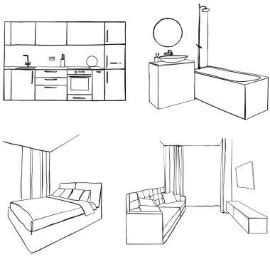 Bir dizi farklı el çizimi çizimi. Mutfak, oturma odası, banyo, yatak odası, iş yeri..