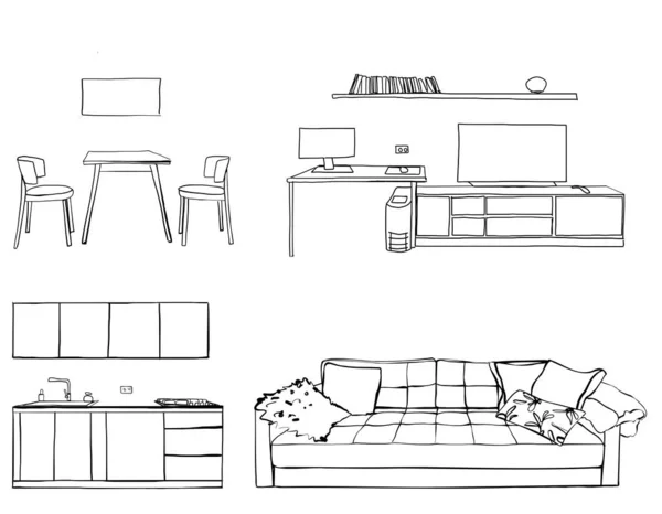 Set med olika interiör handritad skiss. Kök, vardagsrum, sovrum, arbetsplats. — Stock vektor