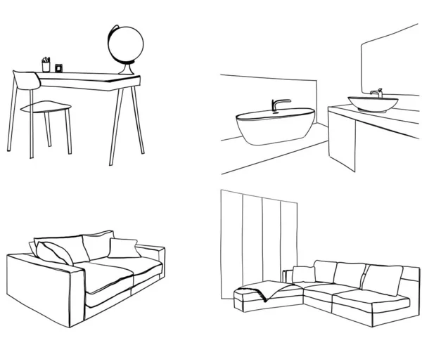Conjunto de boceto dibujado a mano interior diferente. Cocina, sala de estar, baño, dormitorio, lugar de trabajo. — Vector de stock
