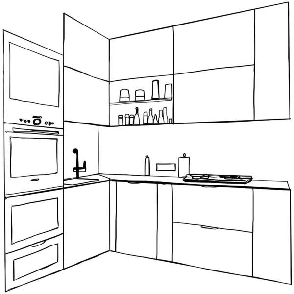 Kuchyňský dřez. Pracovní deska s umyvadlem. Nábytek náčrt — Stockový vektor