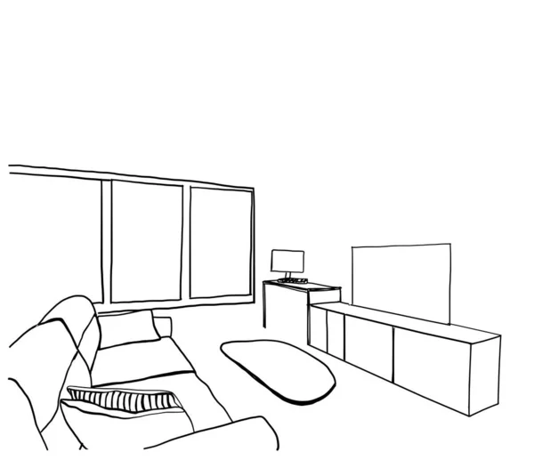 Moderní ilustrace interiéru obývacího pokoje. Místo pro relaxaci s pohovkou a polštáři. Skica — Stockový vektor