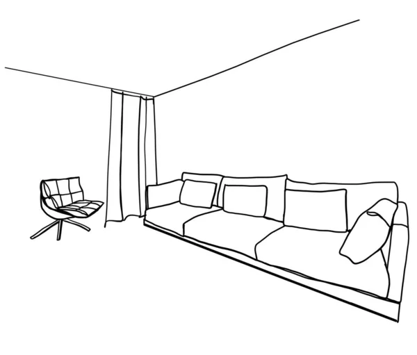 Ilustrasi interior ruang tamu modern. Tempat untuk bersantai dengan sofa dan bantal. Sketsa - Stok Vektor