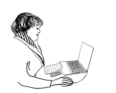 Dizüstü bilgisayarda çalışan gülümseyen yaşlı kadın, vektör çizimi. Büyükannem sosyal ağlarda sohbet ediyor ya da torunlarıyla internet üzerinden konuşuyor.