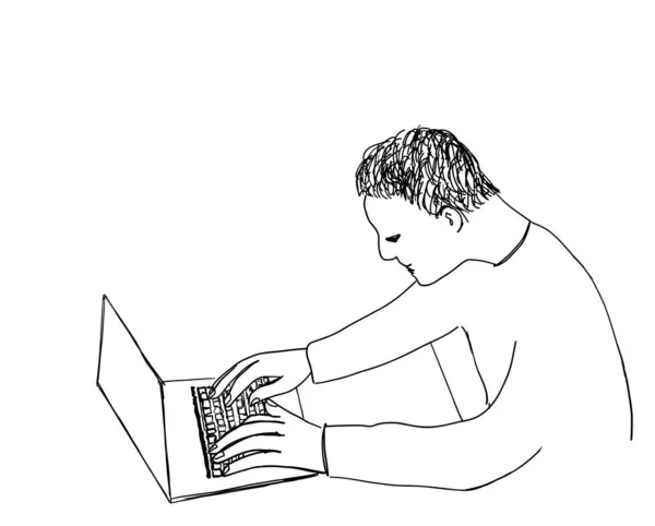 Σκίτσο του ανθρώπου με τον υπολογιστή. Χέρι συρμένη απεικόνιση — Διανυσματικό Αρχείο