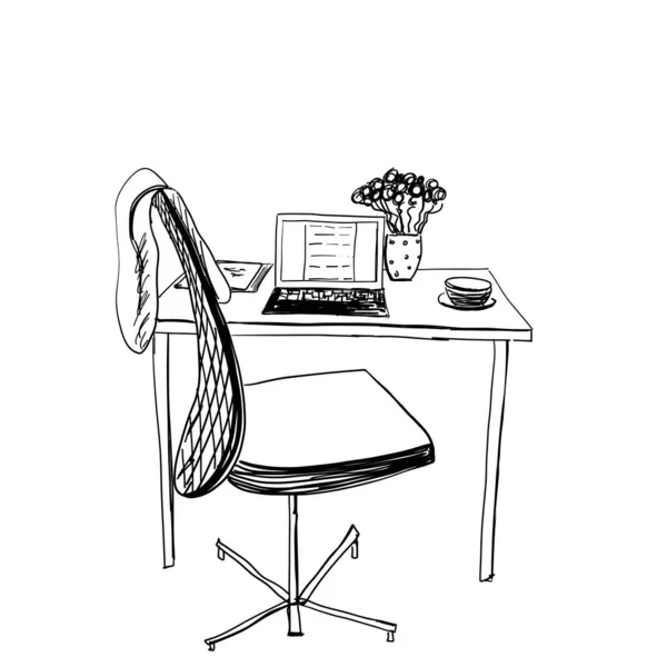 Workspace sketch. Chair, table, computer, office furniture sketch — Stockvektor