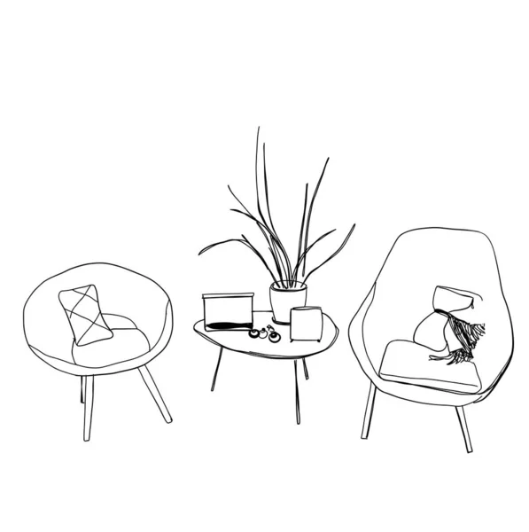 Interior de café desenhado à mão. Esboço de mesa e cadeira. Relaxa, casa —  Vetores de Stock
