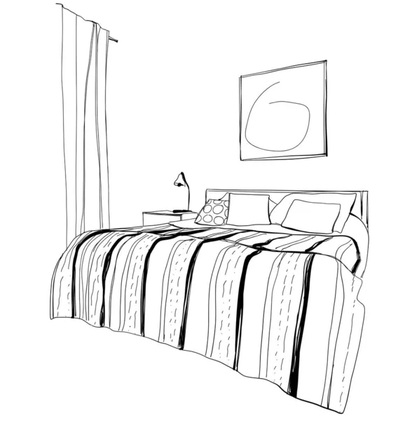 Hálószoba modern belső vázlat. Kézzel rajzolt bútor, otthon — Stock Vector