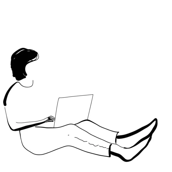 Working at home and earning money from your bed, hand drawn outline illustration. Work from couch, female person at the computer while quarantine — 스톡 벡터