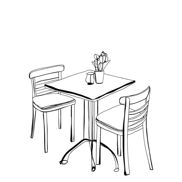 Café ou cuisine intérieure. Croquis de table et de chaise — Image vectorielle