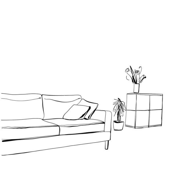 Modern interior room sketch. Hand drawn furniture, home — ストックベクタ