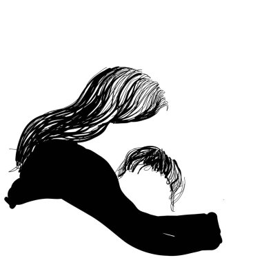 Anne ve bebek el çizimi. Şekillendirilmiş vektör sembolü, anne çocuğuna sarılıyor, logo kalıbı