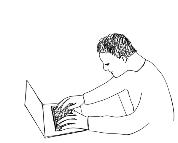 Boceto Del Hombre Con Computadora Ilustración Hecha Mano Autónomo — Vector de stock