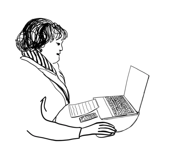 Smiling Elderly Woman Working Laptop Vector Illustration Grandma Chat Social —  Vetores de Stock