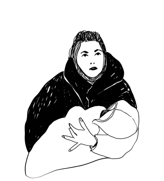 母親と赤ちゃんの手のスケッチを描いた 様式化されたベクトル記号 お母さんは彼女の子供を抱擁し ロゴテンプレート — ストックベクタ