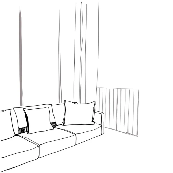 Modern interior room sketch. Hand drawn sofa. — Stock Vector