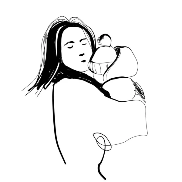 Esbozo dibujado a mano de madre y bebé. Mamá abraza a su hijo — Vector de stock