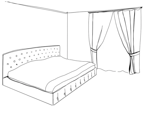 Sketsa Interior Modern Kamar Tidur Perabotan Gambar Tangan - Stok Vektor