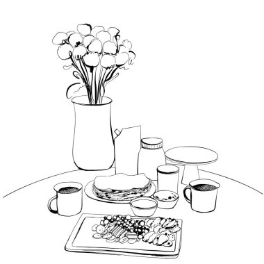 Elle çizilmiş yemek malzemeleri. Yiyecek ve içecek.