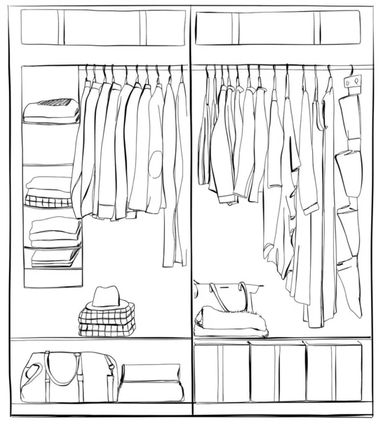 Croquis Armoire Des Vêtements Sur Les Cintres Dessiné Main — Image vectorielle