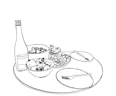 Elle çizilmiş yemek malzemeleri. Yiyecek ve içecek.