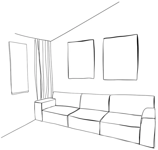 Ruang Interior Sketsa Perabotan Rumah Sofa Dan Gambar - Stok Vektor