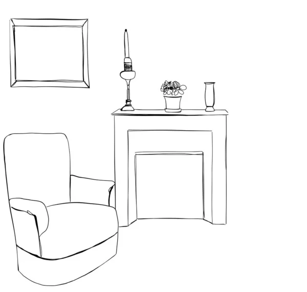 Fauteuil Croquis Cheminée Intérieur Croquis — Image vectorielle