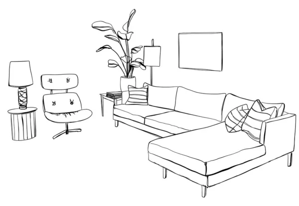 Desenho Interior Quarto Desenhado Mão Cadeira Sofá Outros Móveis —  Vetores de Stock