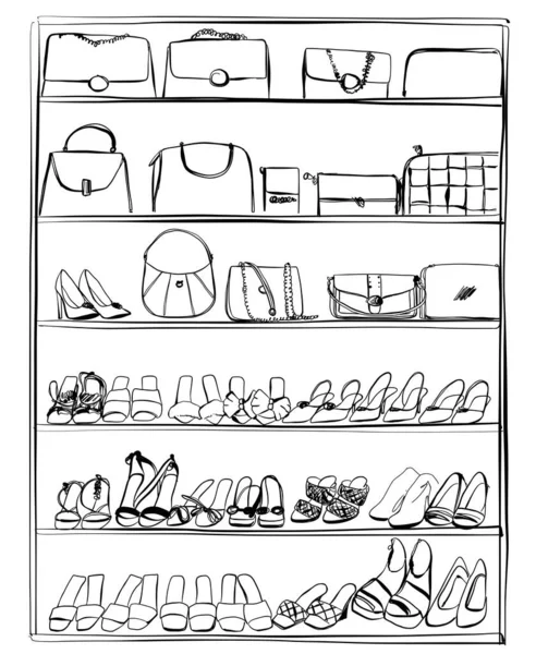 Hand Drawn Vector Illustration Woman Fashion Accessories Shoes Bags Shelf — Wektor stockowy