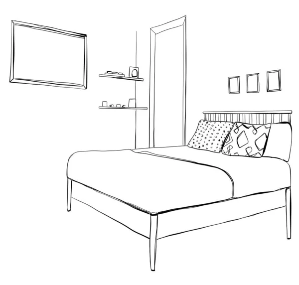 寝室モダンなインテリアのスケッチ — ストックベクタ