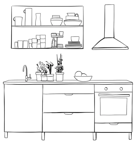 Interior Cocina Encimera Cocina Con Fregadero Campana Cocina Placa Boceto — Vector de stock