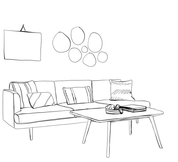 部屋のインテリアスケッチ 家具だ ソファと枕の写真 — ストックベクタ