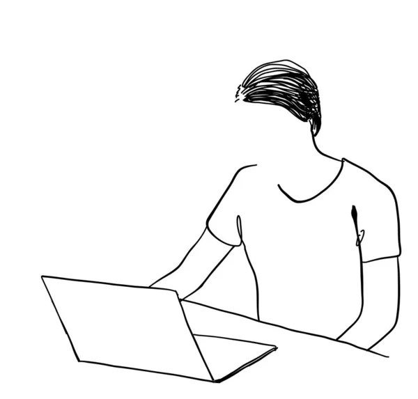 Working Home Hand Drawn Outline Illustration Female Person Computer Freelancer — Stockový vektor