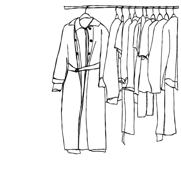Hand Drawn Wardrobe Sketch Clothes Hangers Fashion — Stock Vector