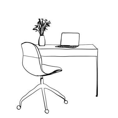 Dizüstü bilgisayarı ve defteri olan bir iş yeri. Vektör çizilmiş illüstrasyon